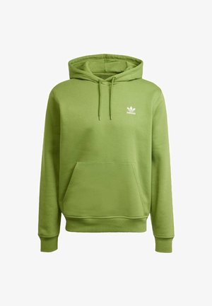 Grön hoodie med framficka, tillverkad av mjukt tyg. Har en liten vit Adidas-logotyp på bröstet och snörning på huvan.
