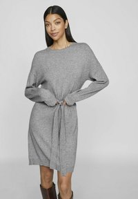 VILA O-NECK - Stickad klänning - medium grey melange