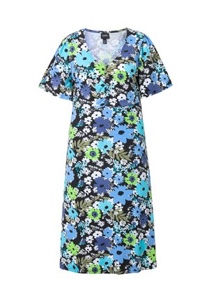 Bloemige jurk met een V-hals, korte mouwen en een knie-lange snit. Patroon met blauwe, groene en witte bloemen op een zwarte achtergrond.