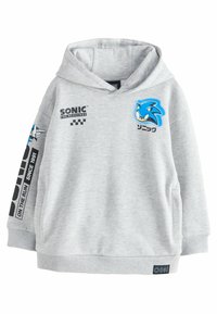 Grå hættebluse med et Sonic the Hedgehog grafik på fronten, med tekst og design på ærmerne, der fremhæver legende og livlige temaer.