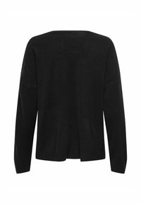 Pull noir à coupe ample, avec un col et des poignets côtelés, présentant des coutures d'épaule tombantes et un design de dos sans embellissement.