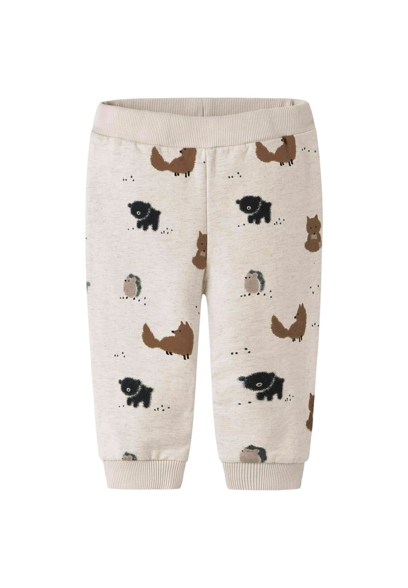 Pantalons en coton pour tout-petits avec un fond beige clair et des illustrations imprimées d'animaux en marron fonc é, noir et gris. Taille élastique.
