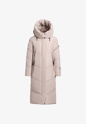 Lichtroze pufferjas met een capuchon, voorzien van een horizontaal geborduurd patroon, twee zijzakken met ritsen en zwarte hardware accenten.