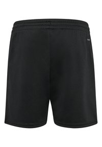 Pantaloni sportivi neri con una texture liscia, vita elastica e cuciture minime. Il design è semplice, senza ulteriori motivi o dettagli.