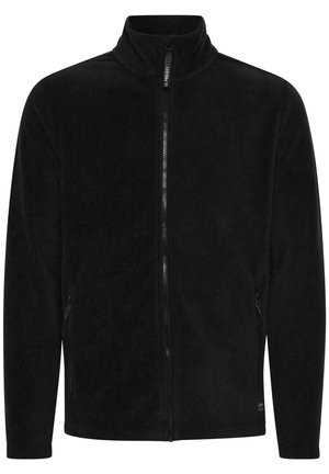 Schwarze Fleecejacke mit hohem Kragen und durchgehendem Reißverschluss, ausgestattet mit Seitentaschen und einer weichen, strukturierten Oberfläche. Einfaches Design mit minimalen Akzenten.
