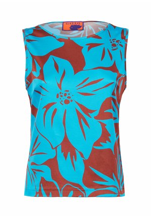 Top senza maniche con un audace design floreale turchese su uno sfondo marrone; realizzato in tessuto morbido con scollatura rotonda.
