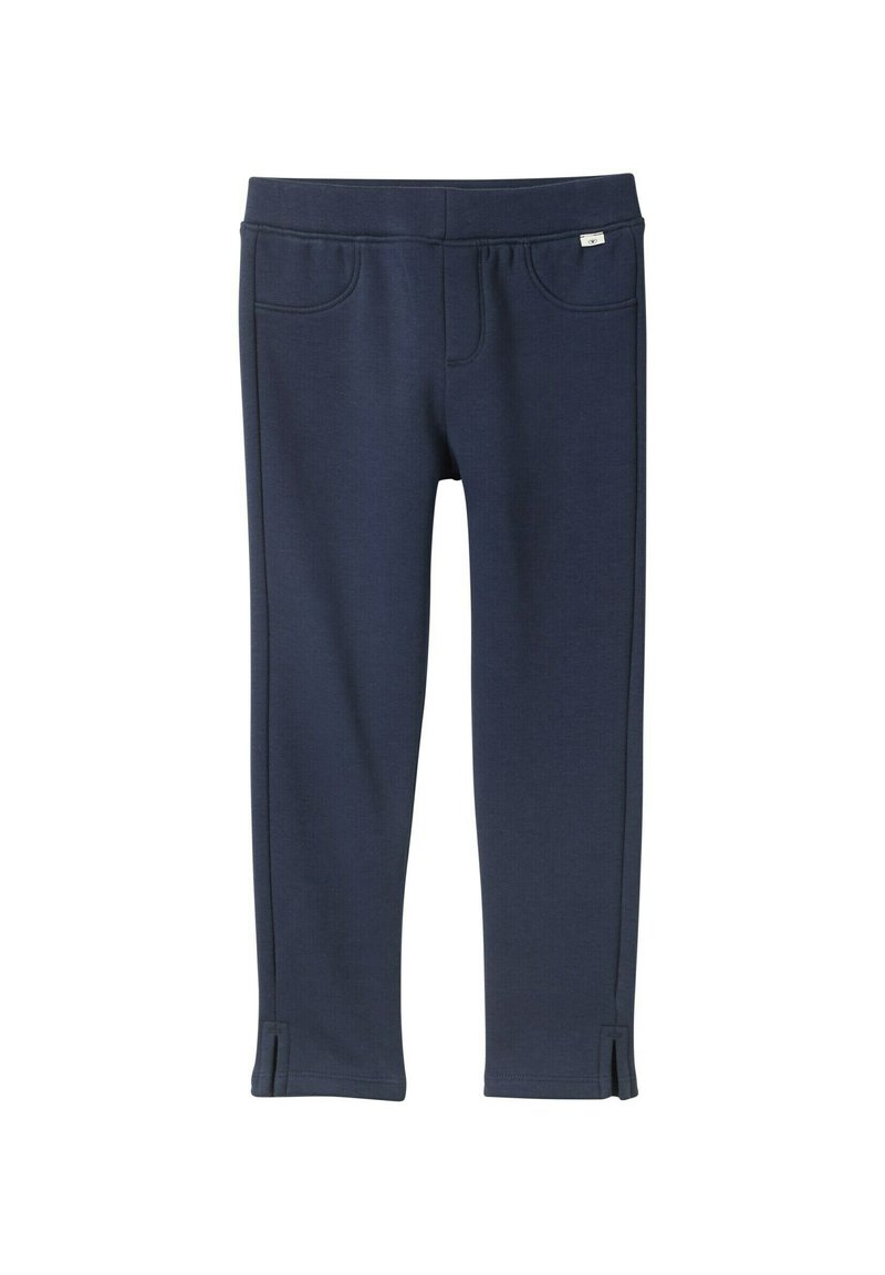 Leggings azul marino hechos de una tela suave, con una amplia cintura elástica, bolsillos laterales y pequeñas aberturas en el dobladillo para un detalle adicional.