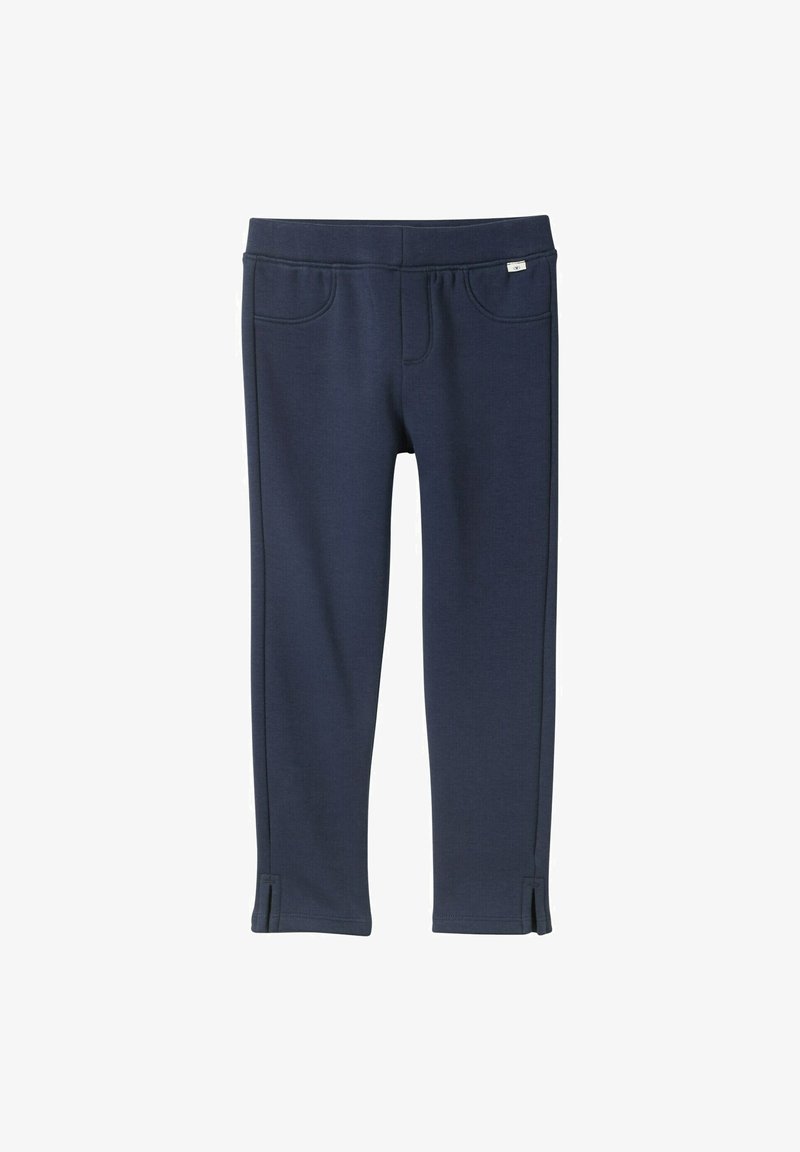 marineblaue Leggings aus weichem Stoff, ausgestattet mit einem breiten elastischen Bund, Seitentaschen und kleinen Schlitzen am Saum für zusätzliche Details.