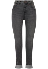 Jeans de mezclilla gris oscuro con corte ajustado, con una cintura de altura media, cinco bolsillos y dobladillos enrollados. El pespunte en contraste resalta los detalles del diseño.
