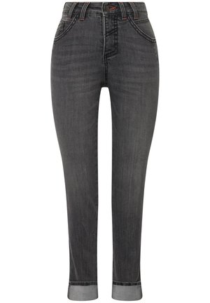Mørkegrå denim jeans med slim fit, der har en medium høj talje, fem lommer og optrukne sømme. Kontraststing fremhæver designdetaljer.