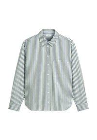 Camicia button-up a righe verde chiaro e bianca con colletto, taschino frontale e maniche lunghe. Materiale in cotone e vestibilità comoda.