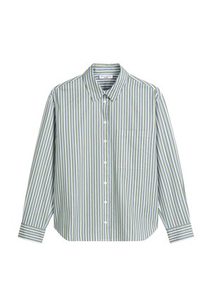 Light green and white striped button-up shirt with a collar, front pocket, and long sleeves. Cotton material and relaxed fit.