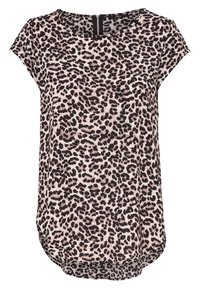 Top med leopardprint i blødt stof med korte ærmer, afrundet kant og lynlås på ryggen. Farverne inkluderer beige, sort og brune mønstre.