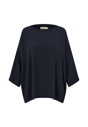 Blusa azul marino de corte holgado con mangas anchas de tres cuartos y escote redondo.