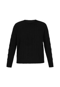 Schwarzer gestrickter Pullover mit runder Halslinie, ausgestattet mit Kabelmustern und Rautenelementen. Lange, leicht puffige Ärmel. Weiche Textur.