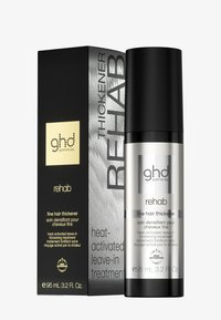 GHD Rehab fin hårtjocknare i en svart och silver flaska, med ett mörkt lock och en glänsande finish. Förpackningen innehåller produktinformation på engelska och franska.