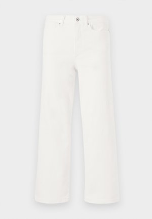 Pantaloni largi din denim alb cu închidere prin buton, dotati cu cinci buzunare și cusături minime. Textură netedă, siluetă dreaptă.