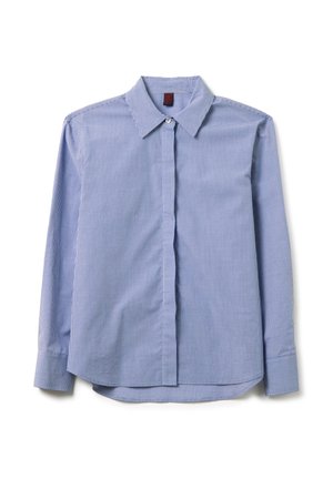 Blauw-witte geblokte lange mouwen shirt met een klassieke kraag, knoopsluiting aan de voorkant en een licht gebogen zoom. Getextureerde katoenen stof.