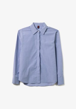 Blauw-witte geblokte lange mouwen shirt met een klassieke kraag, knoopsluiting aan de voorkant en een licht gebogen zoom. Getextureerde katoenen stof.