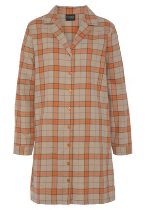 Checkered shirt in beige with orange and gray plaid pattern. Features a collar, long sleeves, and six orange buttons down the front.