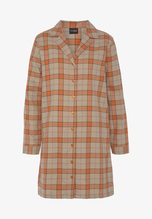 Checkered shirt in beige with orange and gray plaid pattern. Features a collar, long sleeves, and six orange buttons down the front.
