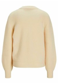 Pull en maille côtelée couleur crème avec manches ballons longues et col rond, vu de dos.