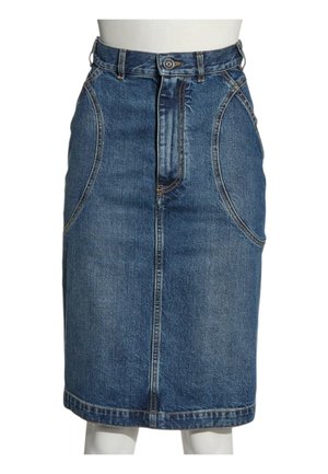Blauwe denim knielange rok met knoop- en ritssluiting aan de voorkant en gebogen voorzakken.