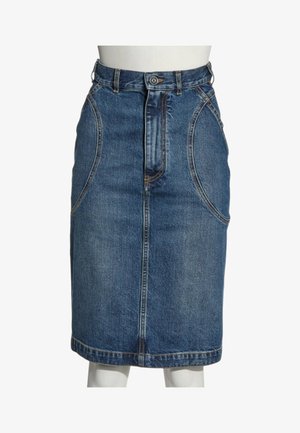 Blauer Jeansrock knielang mit vorderer Knopf- und Reißverschluss und geschwungenen Fronttaschen.