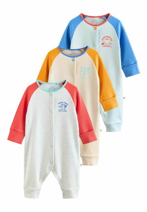 Drei Baby-Strampler mit langen Ärmeln und Druckknöpfen, jeweils mit kontrastfarbigen Ärmeln und kleinen grafischen Prints auf der Brust.