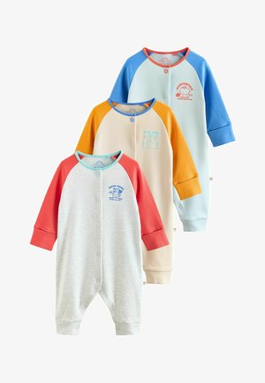 Trois grenouillères bébé à manches longues avec boutons-pression, chacune avec des manches de couleur contrastée et de petites impressions graphiques sur la poitrine.