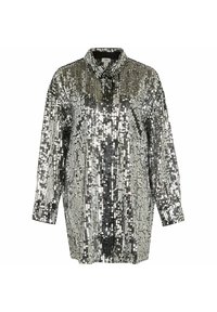 Chemise argentée à sequins avec manches longues, col et coupe ample. Présente une texture entièrement pailletée avec un motif vertical.