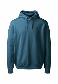 Sudadera con capucha en color verde azulado, hecha de un tejido suave, con un bolsillo tipo canguro en la parte frontal, puños acanalados y un pequeño logo en el pecho.