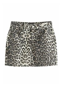 Leopardprint denim minirok met een getailleerd ontwerp, vijf zakken en een metalen knoopsluiting. Textuurstof met een zwart en beige patroon.