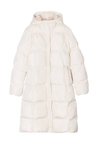 Manteau en duvet blanc avec capuche, présentant un design matelassé, une fermeture éclair à l'avant et des poches latérales. Texture de tissu lisse et brillante.