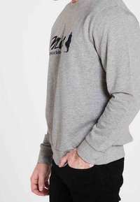Homme portant un sweat-shirt gris à manches longues avec un texte noir et un design en silhouette, une main dans la poche, sur fond blanc.