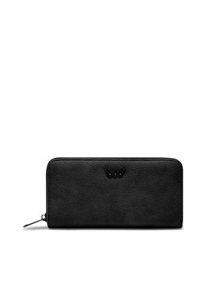 Black leather wallet with a smooth texture, rectangular shape, zip closure, and embossed logo detail on the front.