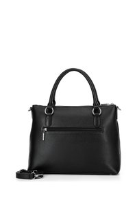 Borsa a mano in pelle nera con finitura testurizzata, doppio manico superiore e tracolla regolabile. Presenta una tasca frontale con zip.