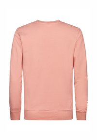 Lyserød sweatshirt med lange ærmer, rund halsudskæring, ribstrikkede manchetter og kant. Glat stoftekstur, minimalistisk design, ingen synlige grafikker.
