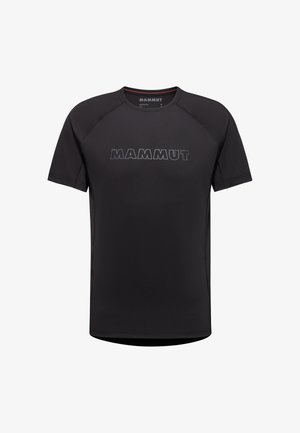 Schwarzes Kurzarm-T-Shirt aus glattem Stoff, mit einem strukturierten "MAMMUT"-Logo auf der Vorderseite und Raglanärmeln für optimale Bewegungsfreiheit.