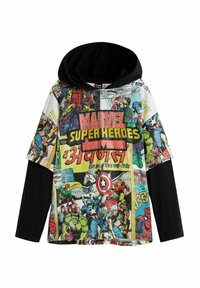 Huppari, jossa on edessä monivärinen Marvel-sarjakuvapainatus ja mustat pitkät hihat. Teksti englanniksi ja hindiksi, graafiset yksityiskohdat koko ajan.