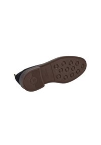 Talpa din cauciuc marron cu modele circulare de aderență, design de marcă. Materialul superior negru prezintă o textură fină, evidențiind un stil casual.