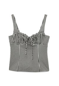 Sort/hvid ternet crop top med justerbare spaghetti-stropper; har samlet stof og en frontknude detalje.