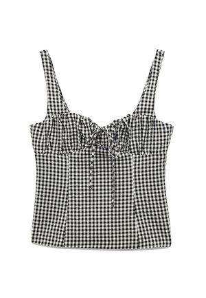 Schwarz-weiß kariertes Cropped-Top mit verstellbaren Spaghettiträgern; verfügt über gerafftes Material und ein Frontbindedetail.