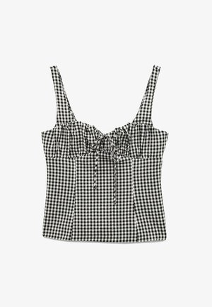 Zwart-wit geruite crop top met verstelbare spaghetti bandjes; heeft gathered stof en een strikdetail aan de voorkant.