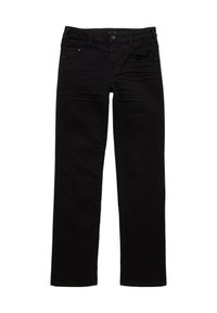 Jeans de mezclilla negra con un corte recto, diseño de cinco bolsillos, cierre de botón y cremallera, y detalles de costura sutiles en los bolsillos.