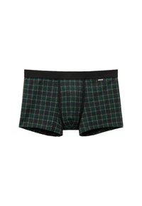 Herrens kalsonger med grön och svart rutig mönstring, svart midjeband och liten vit logotyp på vänster sida.