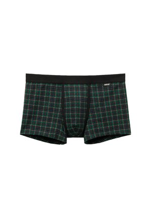 Herre boxer briefs med grøn og sort plaid mønster, sort talje-elastik og lille hvidt mærke på venstre side.