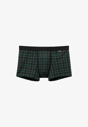 Heren boxershorts met een groen en zwart ruitpatroon, zwarte tailleband en een klein wit merkje aan de linkerkant.