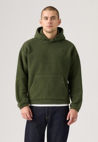 Green fleece hoodie with a textured, soft surface; features a front pocket, adjustable drawstring hood, and ribbed cuffs. Paired with dark jeans.