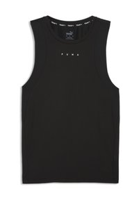 Camiseta sin mangas deportiva negra hecha de un tejido suave. Presenta el logo de PUMA en blanco, con un cuello redondo y paneles laterales de malla para mayor transpirabilidad.